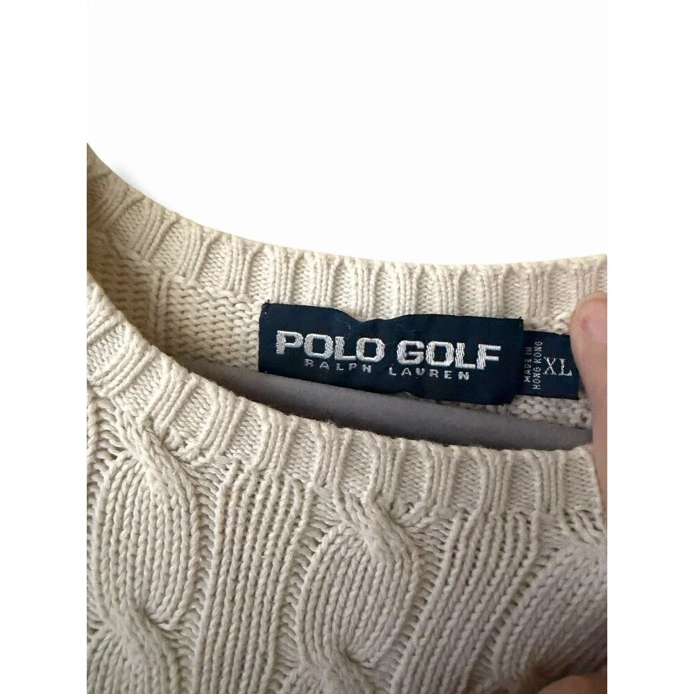 Vintage 1990s Polo Golf Ralph Lauren Cable Knit Sweater Beige XL Plaid Crest